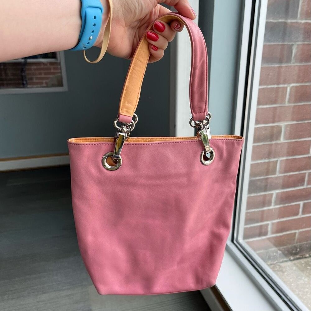 Talbots Y2K Pink Leather Tote Bag w/ Orange Handles Pastel Retro Shoulder Purse